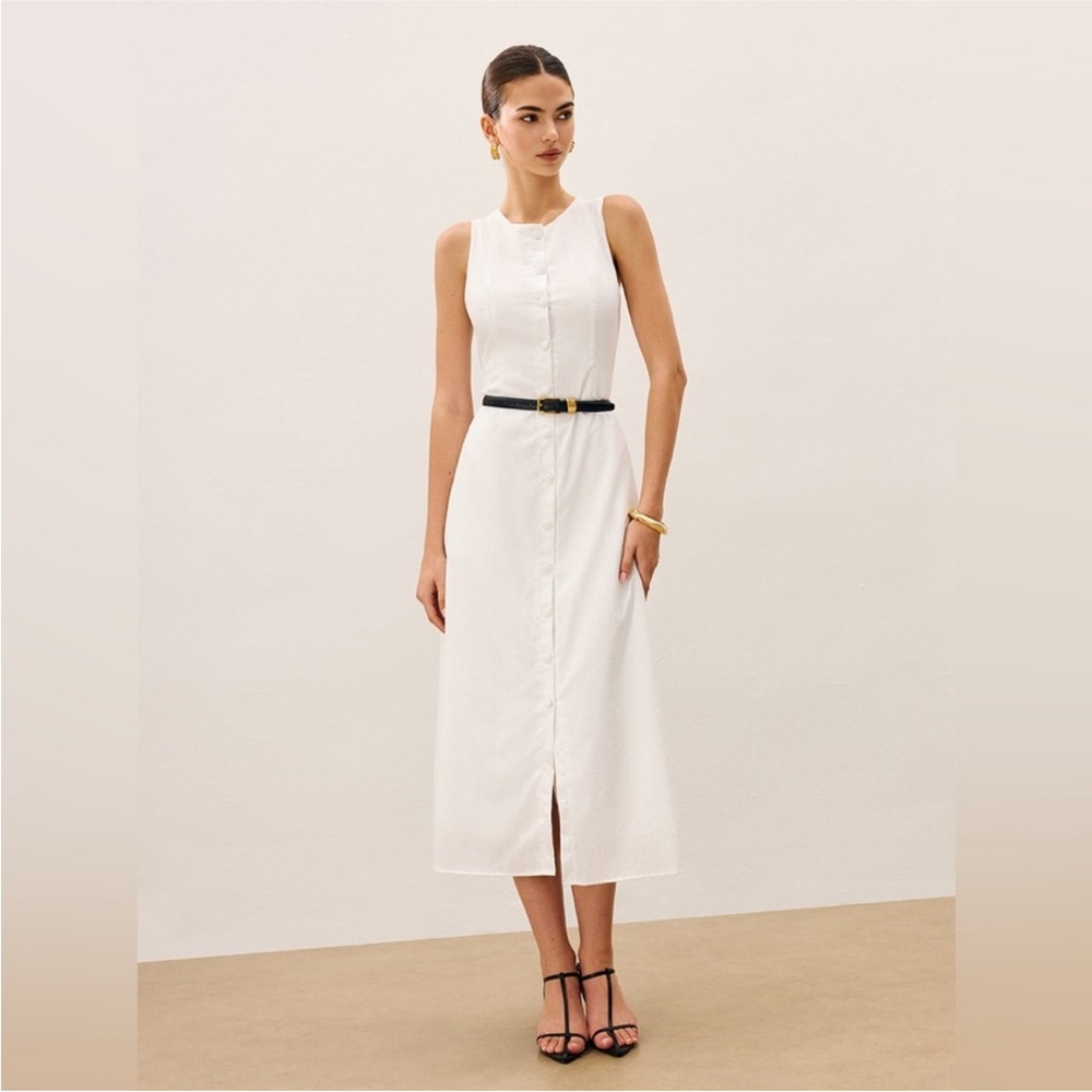 Commense Cotton & Linen Button-Front Sleeveless Dress With Tie NWT Size L - Picture 3 of 9